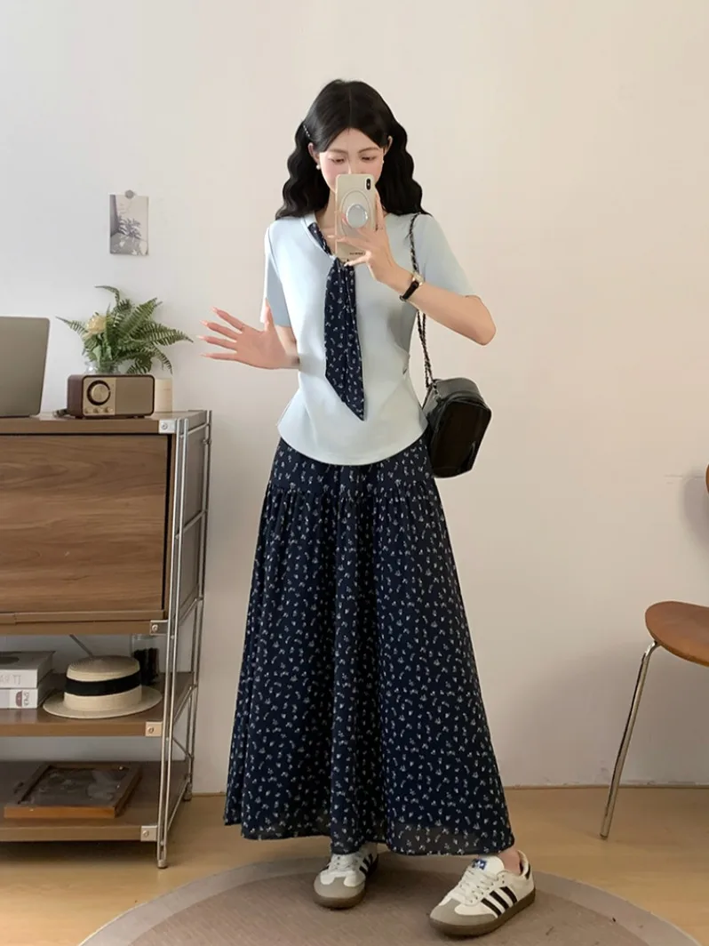 

plus Size Summer Floral Ribbon Tie Slim Fit Short Sleeve Top And Skirt Set Women's Fashion Casual Style Breathable T-Shirt