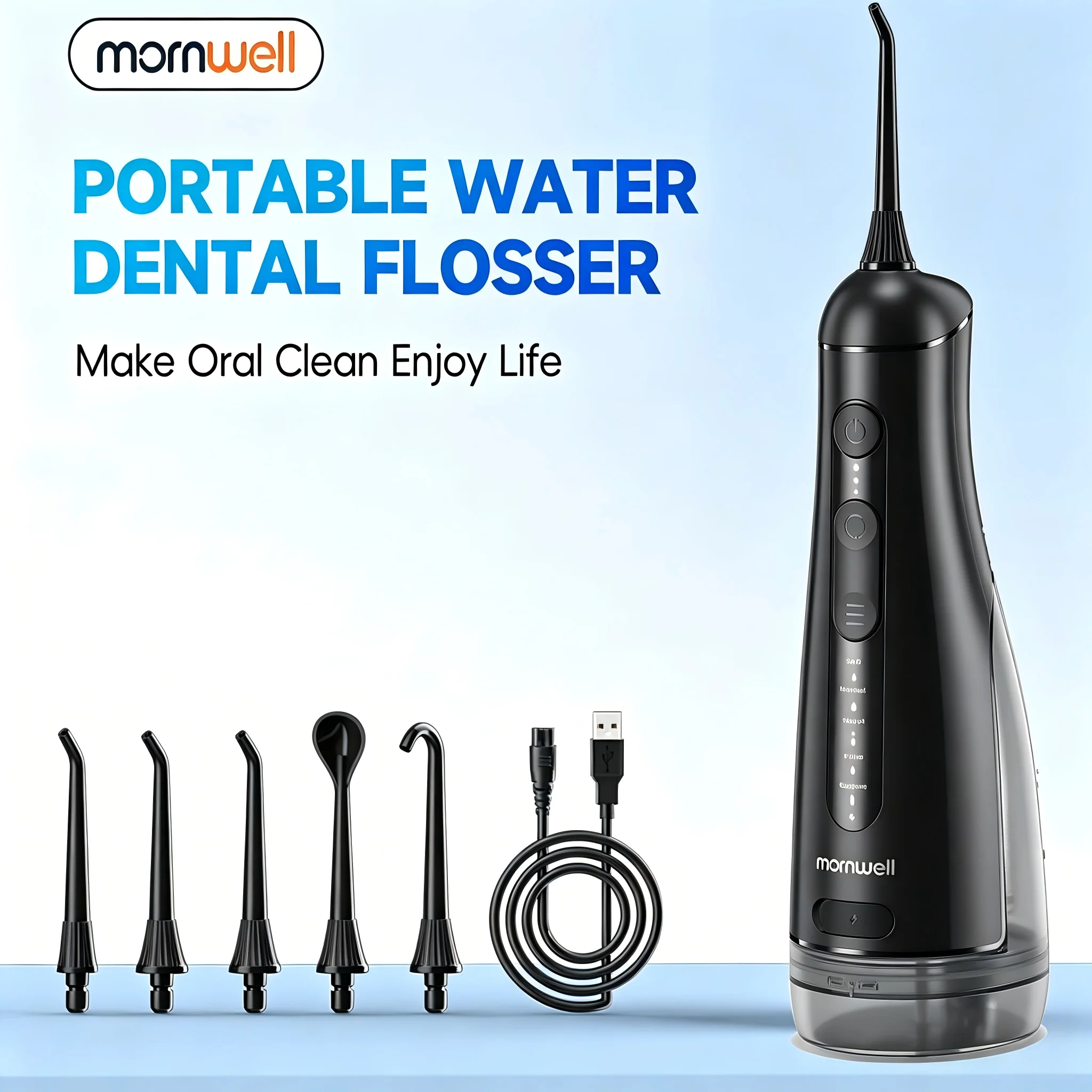 Portable Oral irrigator with 5 nozzles, 5 cleaning modes with 3 different water pressures, 300ml water tank IPX7 waterproof