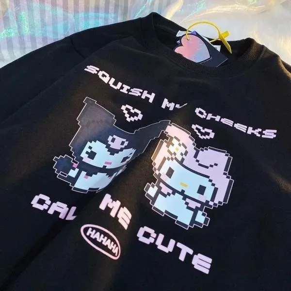 Pixel style Sanrio Crewneck Hoodie Cartoon Kuromi My Melody Loose Plus Girl Clothes Autumn Winter Thicken Hoodie Gift