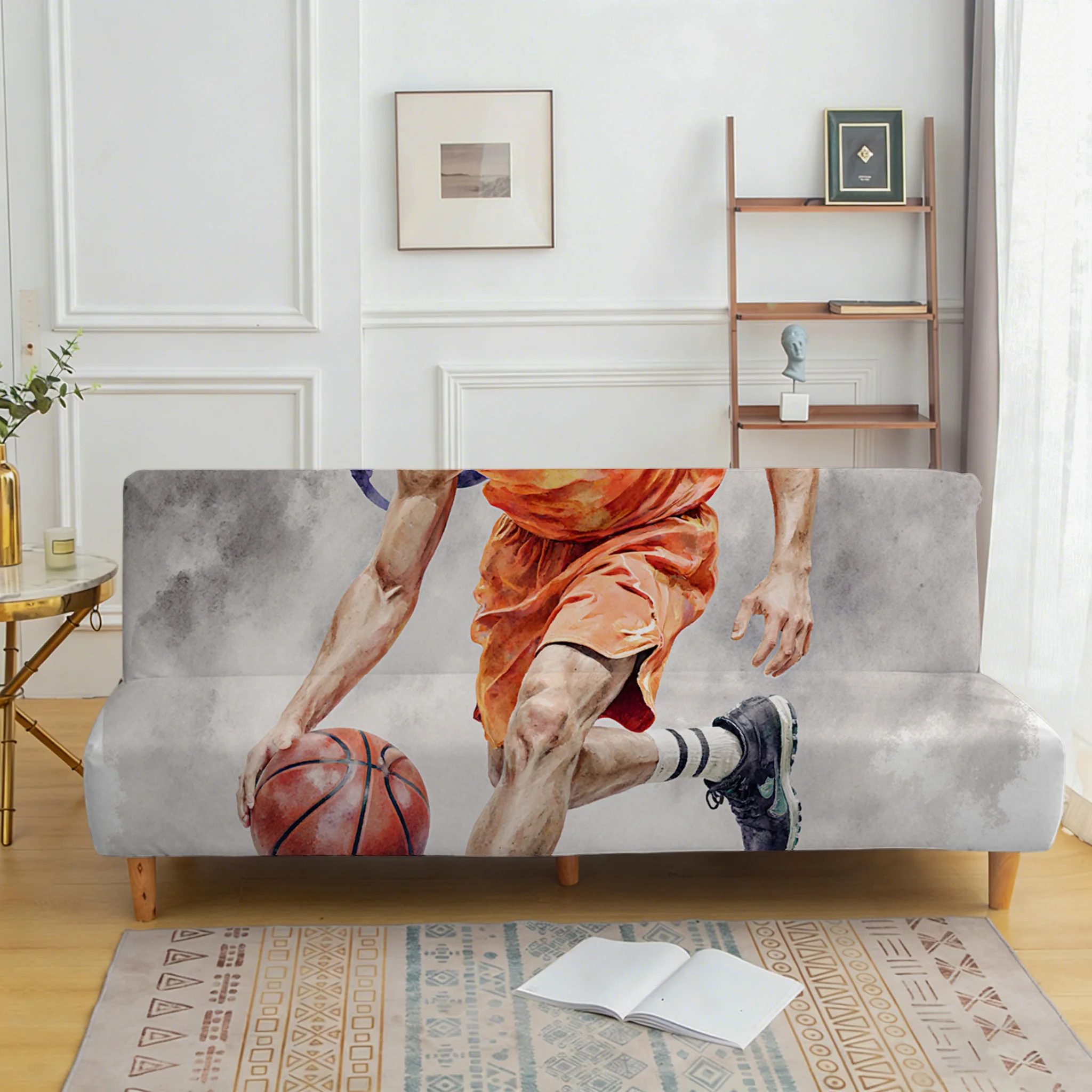 Orange basketball player printed sofa bed cover, living room sofa bed cover, dustproof machine washable sofa bed cover
