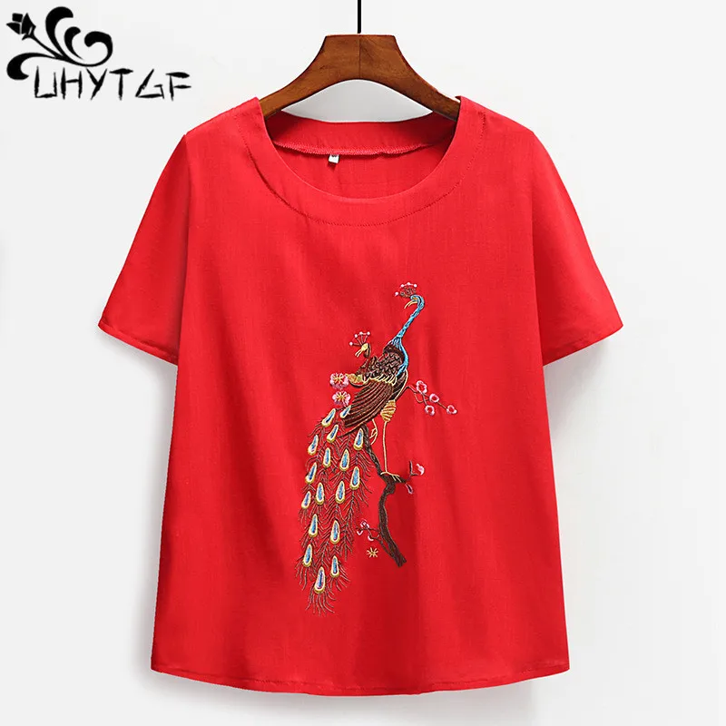 

UHYTGF 2023 New T-Shirt Women Fashion Embroidery Cotton Linen Summer Set Female Middle-Aged Elderly Mom Clothes Ladies Tops 2512