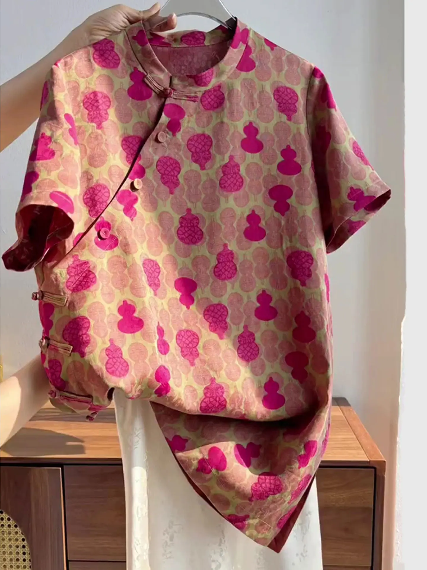 

Ele Silk Satin irt Women's ort Sve Print Design Stand Collar Top Korean Sle Commute Straight Tube Faion