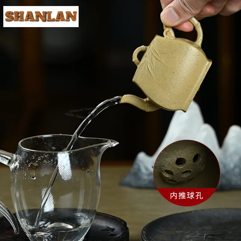 HOYIHM 160ml Boutique Yixing Purple Clay Teapots Handmade Bamboo Leaf Square Pot Raw Ore Section Mud Kettle Zisha Tea Decoration