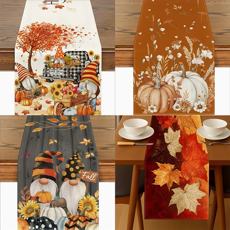 2pc Gnome Pumpkin Maple Leaf Table Runner Fall Farm Truck Woven Runner Thanksgiving Harvest Farmhouse Dining Kitchen Table Decor