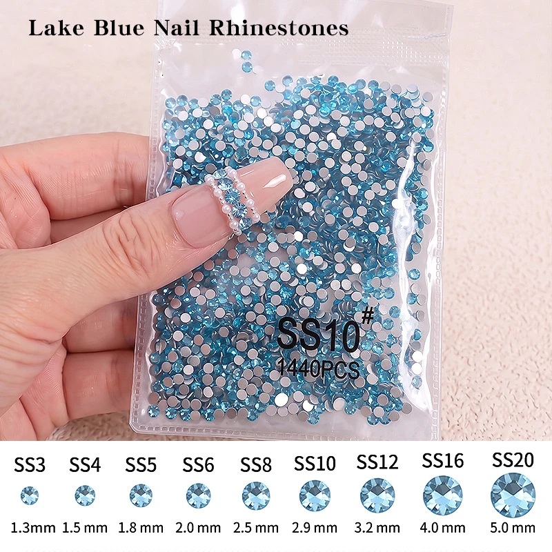 Shiny Lake Blue Flatback Glass Rhinestones 1440PCS SS3‑SS20 Bling Nail Gems Charms for Manicure False Nails DIY Crafts Decor Set