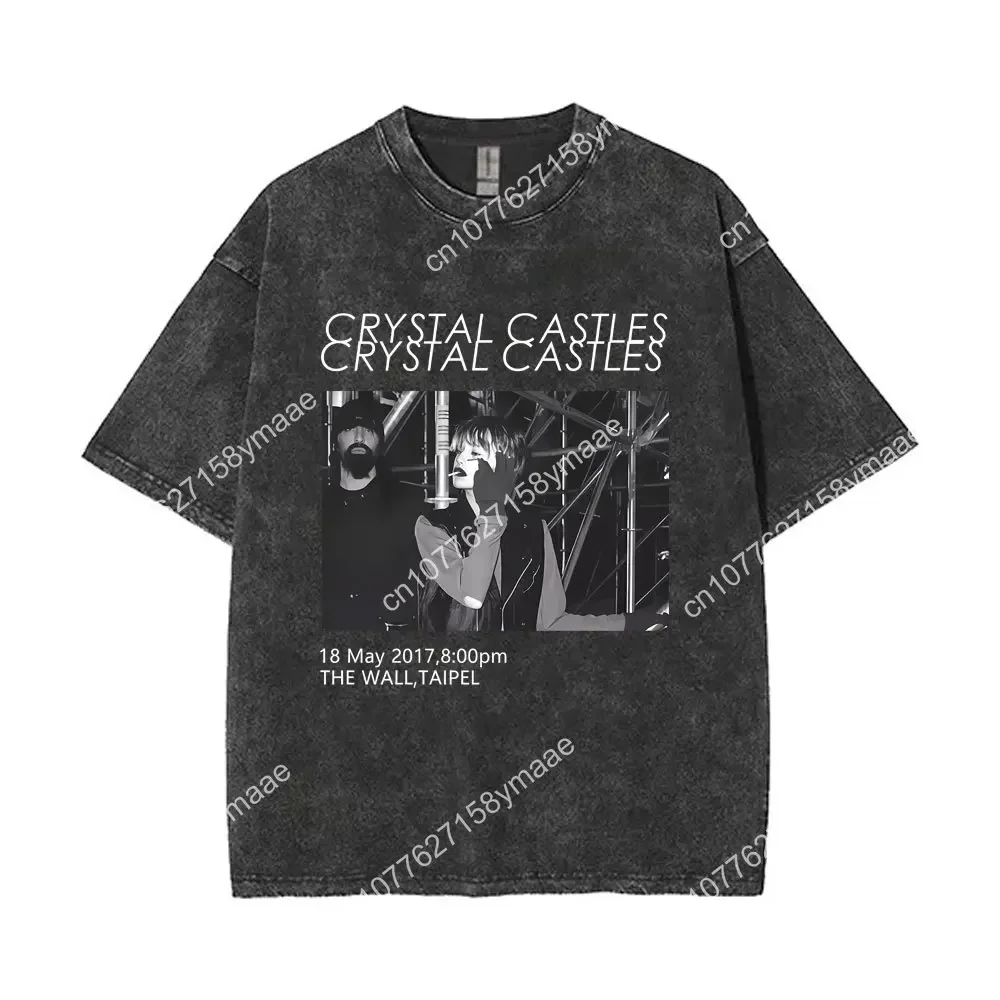 Washed Vintage Crystal Castles Music Album II Double Sided Print T-shirt Men Gothic Punk T Shirt Men's Oversized Cotton T-shirts