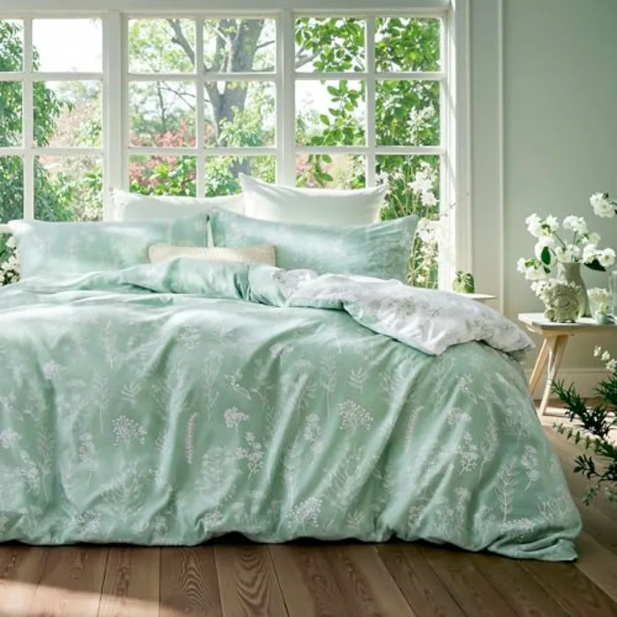 

Duvet Cover Queen Size - Reversible Green Queen Duvet Cover Set with Zipper Closure, 3 Pieces Floral Patterned Bedding Set with