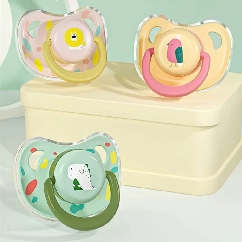 Cartoon Baby Silicone Pacifier 0-6-36 Months Old Newborn Anti Bloating and Sleeping Flat Head Pacifier with Dust Cover