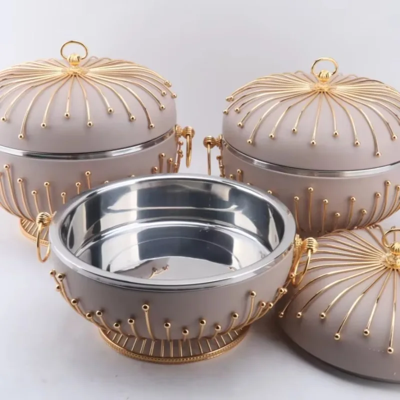 Holiday dinner insulated tray with gold patterned lid, luxurious holiday party buffet three piece set