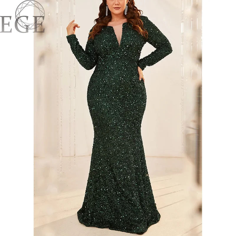 Plus Size Sequins V Neck Long Sleeves Luxury 4XL 5XL Maxi Dress Wedding Banquet Party Mermaid Ladies Plus Size Dresses 2024