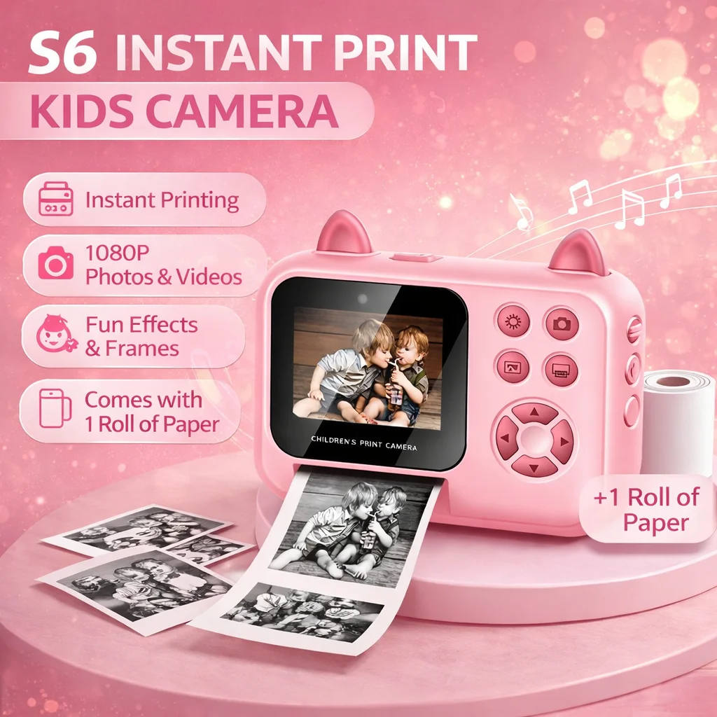 S6 Dual Lens Kids Instant Print Camera, 1080P Video Music Games Thermal Print Toy With 1 Roll Paper Included
