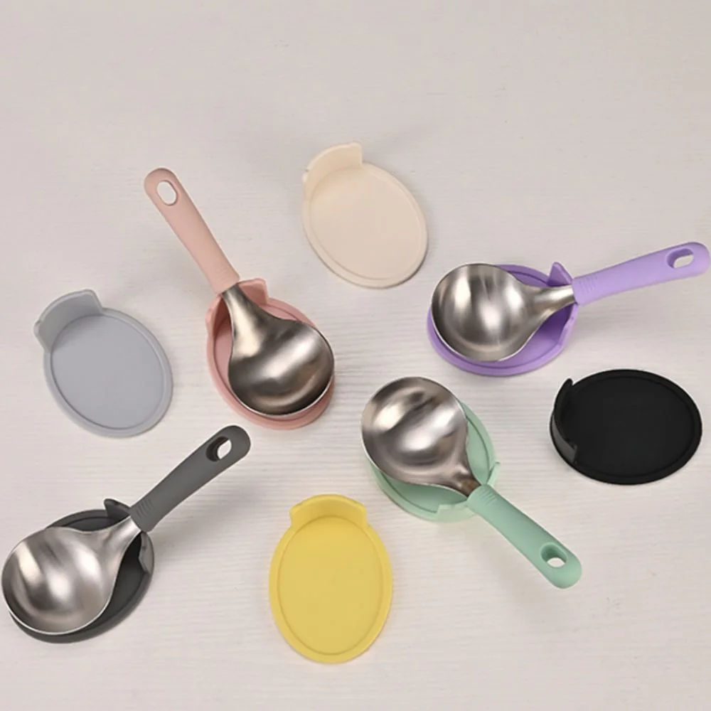 With Spoon Rack Korean Soup Spoon Set Silicone Handle Anti-scalding Tablespoon Heat-resistant Soup Ladle Dinning Table