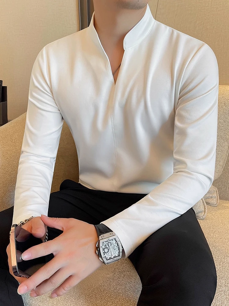 

Slim Fit Long Sve V-Ne T-irt Men's Base irt Pure Color Versatile Trendy Busin Casual Polyester Fiber Breathable