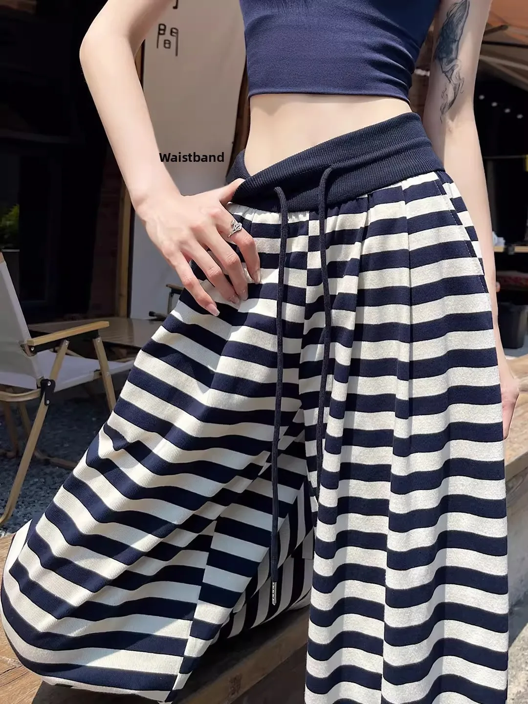 

High Waist Striped Wide Leg Pants Ladies Summer Thin Loose Straight Casual Walking Trousers Comfortable Breathable Skin-Friendly