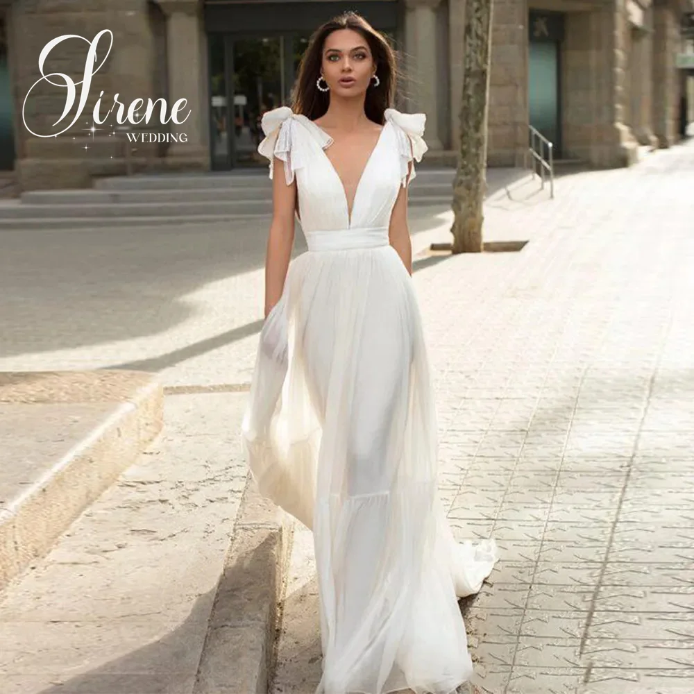 Sirene Chiffon Open Rug Trouwjurken V-Hals Elegante A-Lijn Cap Mouw Met Strik Bruidsjurken Voor Dames 2024 Vestidos De Novia