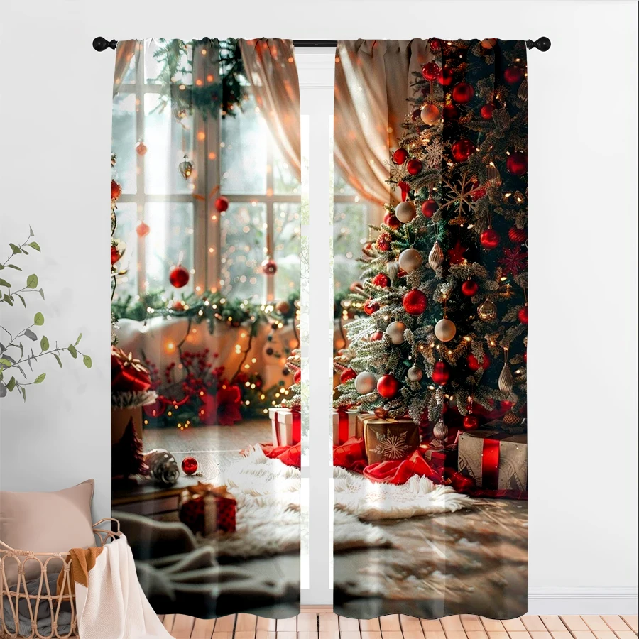 2PCS Digital Print Christmas Curtains, Window Tree Gifts Warm Fairy Lights, Classic Cozy Window Drapes for Holiday Home Decor