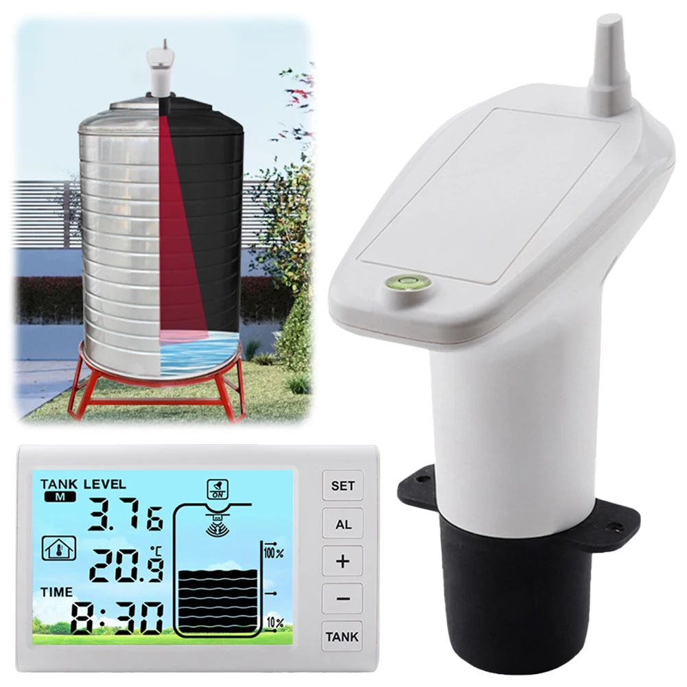 

Wireless Ultrasonic Water Tank Liquid Level Meter Temperature Sensor Time Display w/ Alarm Water Level Gauge