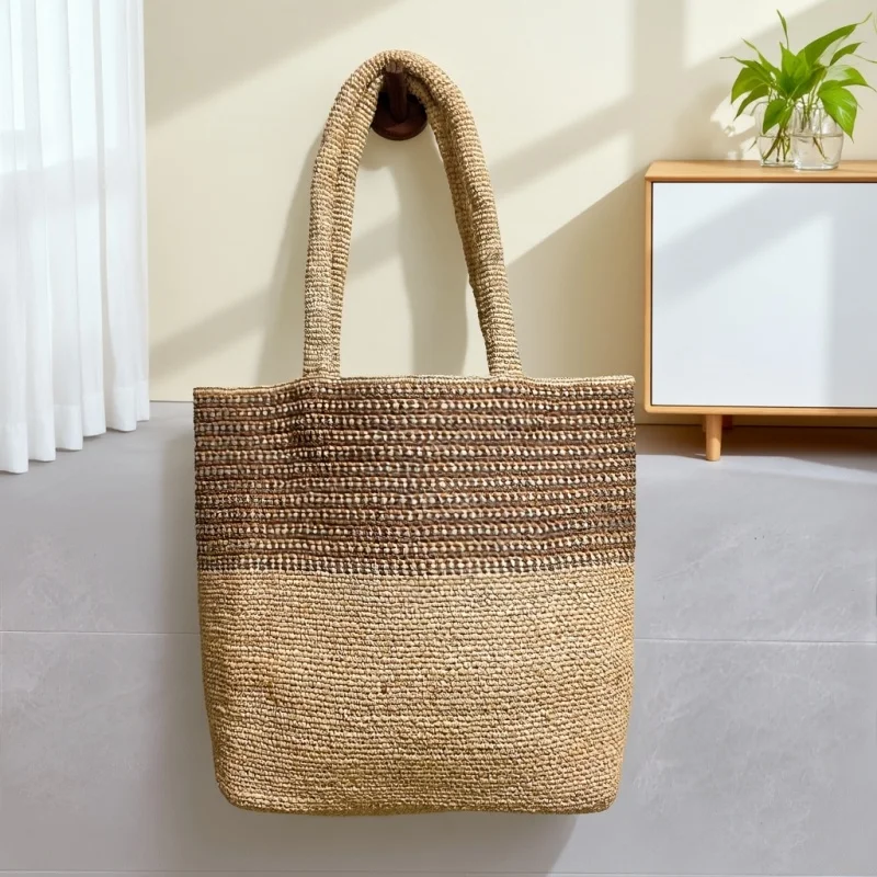 

High Quality Lafite Grass Shoulder Bag Striped Handmade Crochet Handbag Minimalist Vacation Style Versatile Woven Bag