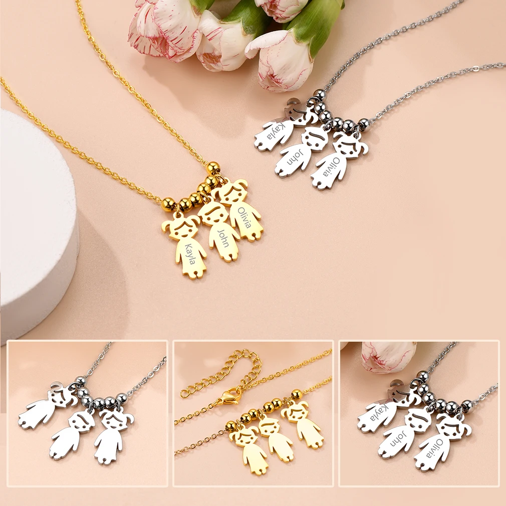 U7 Stainless Steel Custom 3-5 Family Names Necklace for Woman Children Image Charm Pendant Personalized Engraving Jewelry