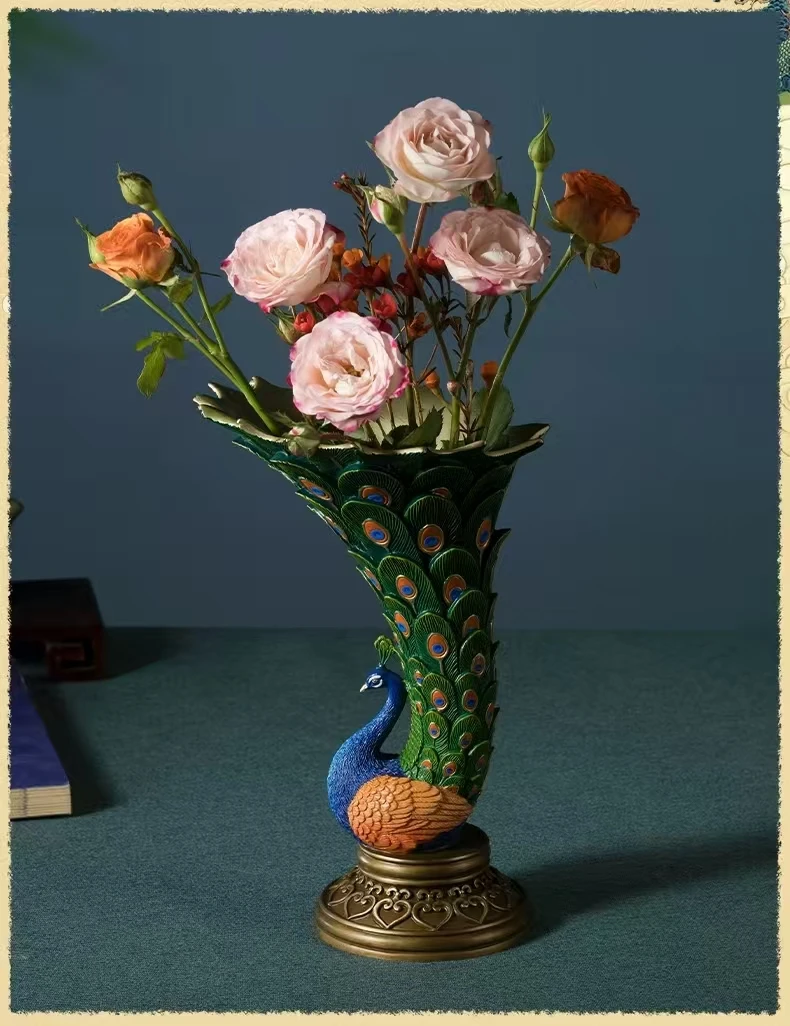 Peacock Vase Simulation Animal Ornament Living Room Desktop Copper Ornament Home Decoration Crafts Dried Flowers Vase
