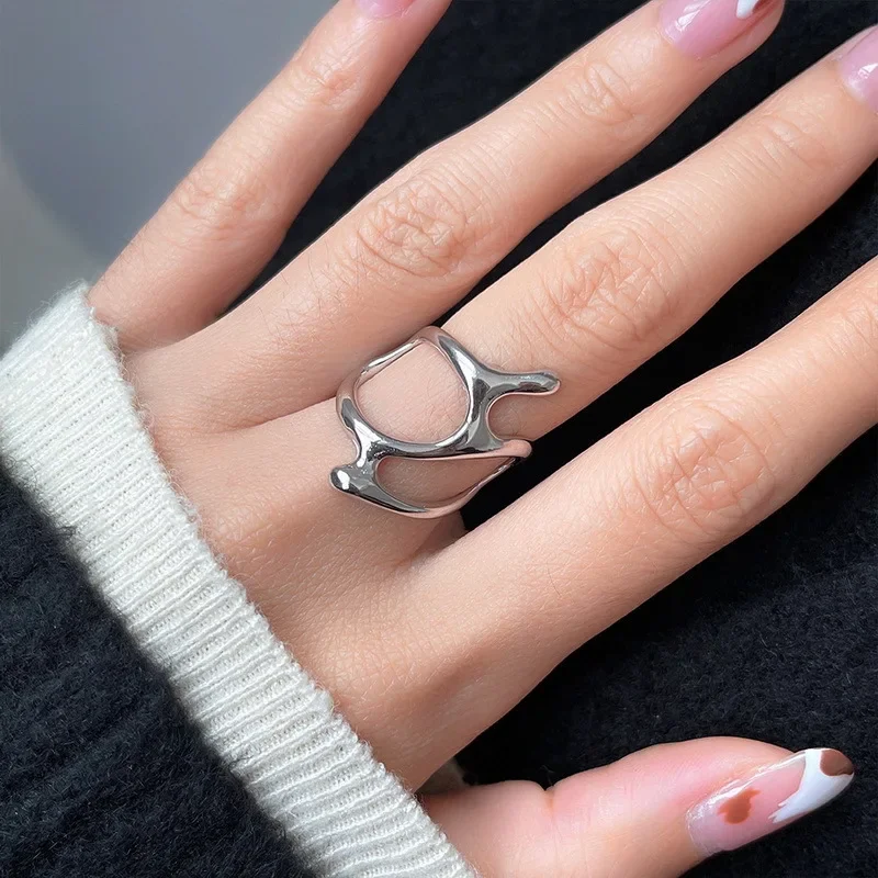 Y2K Silver Color Irregular Adjustable Rings for Teenager Punk Geometric Hollow Branches Open Ring Party Vintage Women Jewelry