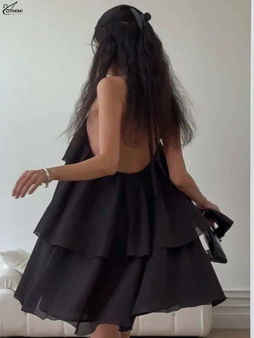 Oymimi Fashion Black Loose Women's Dress Elegant Halter Neck Sleeveless Ruffled Dresses Autumn Loose Mini Dresses Streetwear