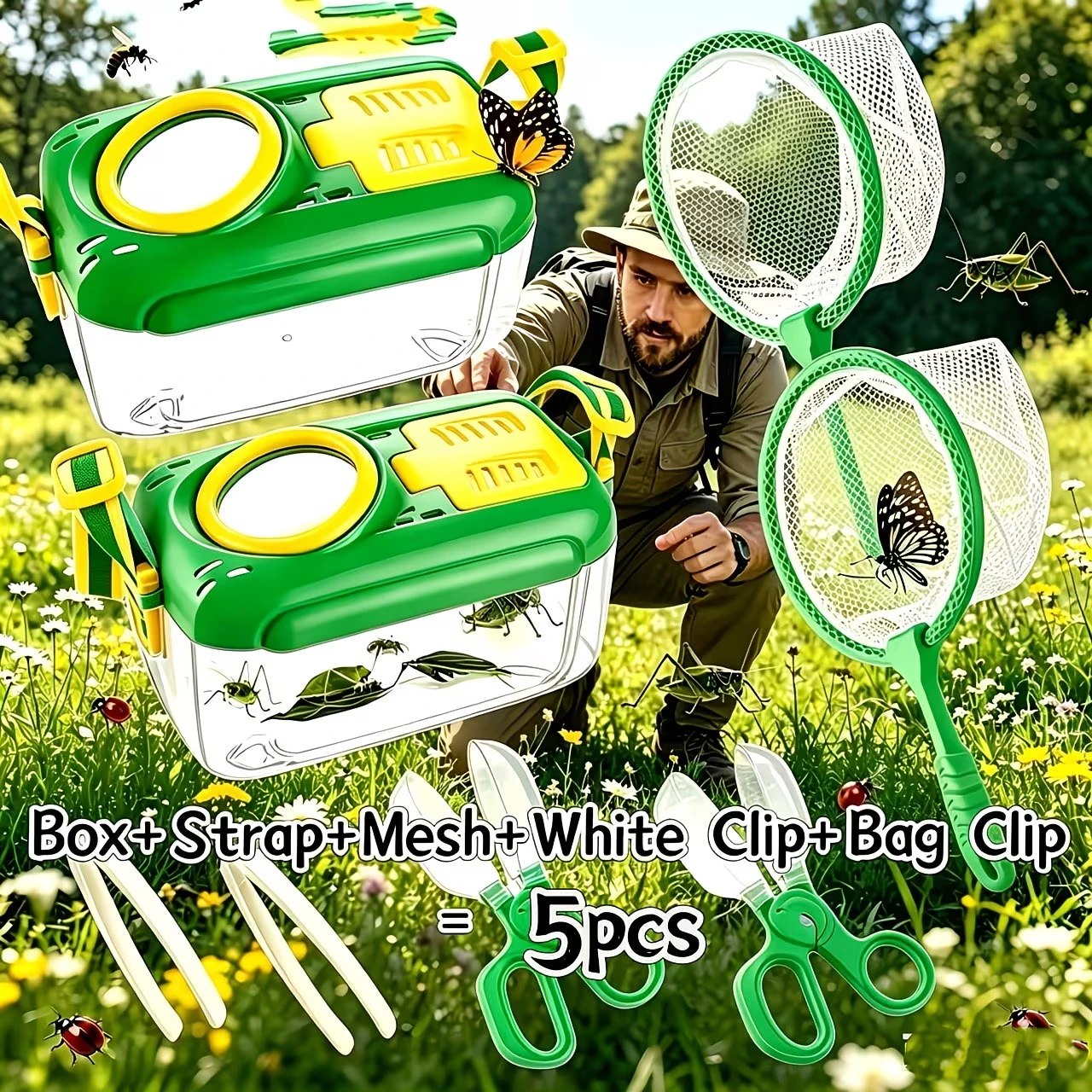 Outdoor Insect Observation Set, 5-Piece Set, Insect Collection and Observation Box with Magnifying Glass, Insect Catching Net, Insect Catching Scissors, Tweezers, Portable Lanyard, Natural Science Exploration, Outdoor Learning