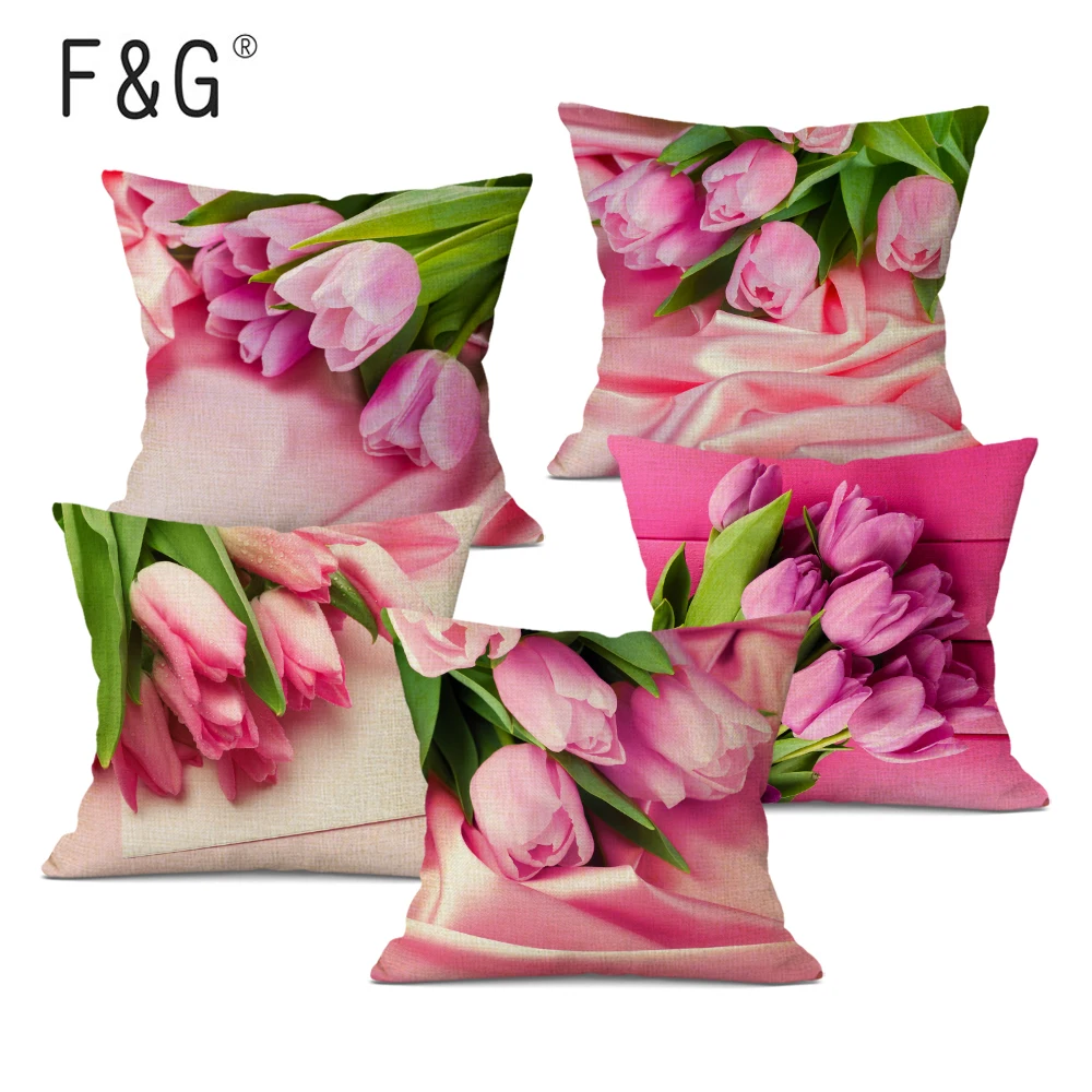 

Romantic Valentine's Day Pink Flower Tulip Linen Cushion Cover Decorative for Sofa Car Chair Home Decor Pillow Case