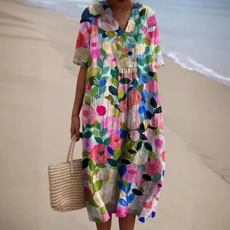 

2024New Fashion Loose Print Long Dress Summer Dresses Casual Midi V-neck for Women White Vestidos Maxi Beach Robe Longue Femmes