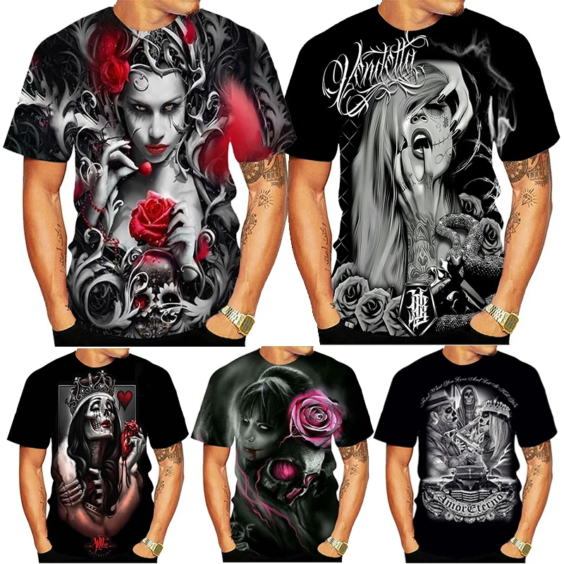 3D Men\'s T-shirt Skull Beauty Pattern Print Short Sleeve Tshirts Top Y2k Trend Harajuku Hip Hop Oversized Streetwear O-Neck Tees