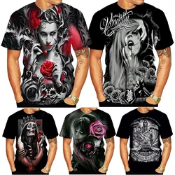 Crânio 3D beleza padrão impressão camiseta masculina, camiseta de manga curta, top de Harajuku, streetwear extragrandes, hip hop, o pescoço, tendência, Y2K