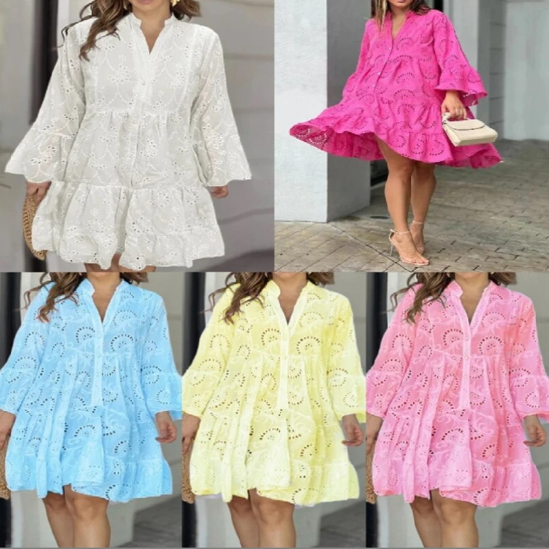 

WOMEN Spring 2025 Long Puff Sleeve Mini Dress Hollow Out Lace V Neck A Line Ruffle Casual Party Dresses