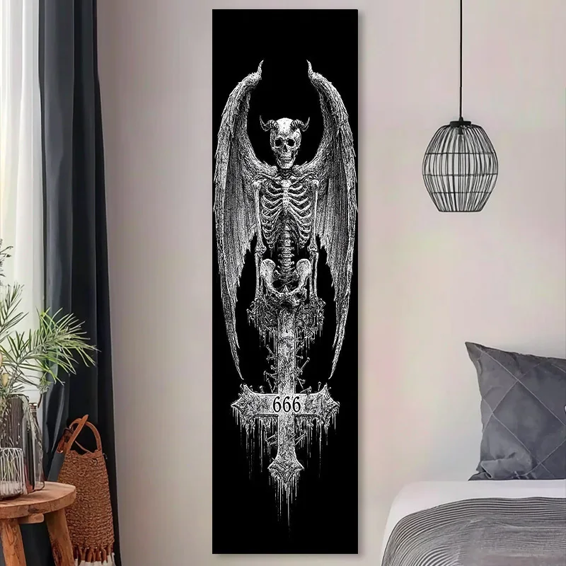 VIKAMA Dark Devil Wings Skull Reverse Cross Tapestry - Long Strip Wall Hanging, Gothic Aesthetic Room Decor for Men