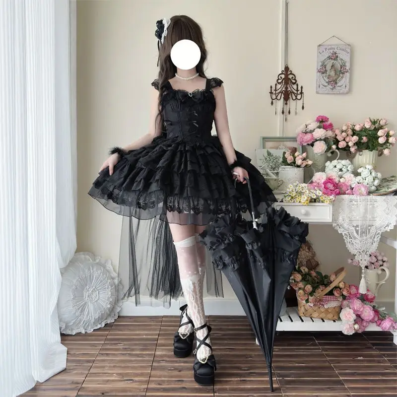 Robe japonaise Kawaii Lolita Jsk pour femmes, élégante, avec nœud doux, en dentelle, à volants, Mini robe de princesse de mariage, robes de soirée gothiques Y2k pour filles