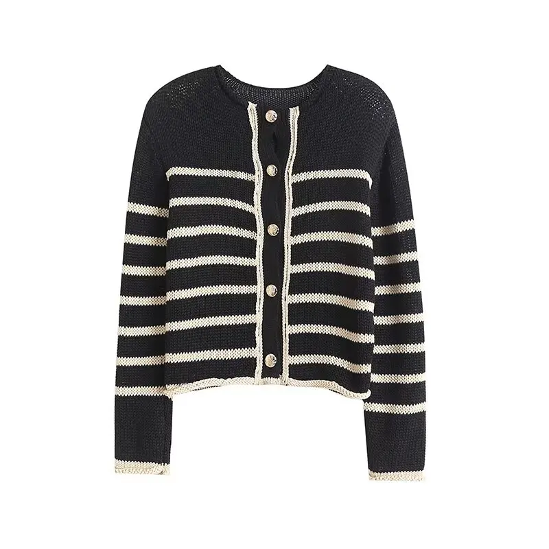 

Women's new fashion gold button decoration casual O Neck striped knitted coat retro long sleeved women's coat chic top Skazi