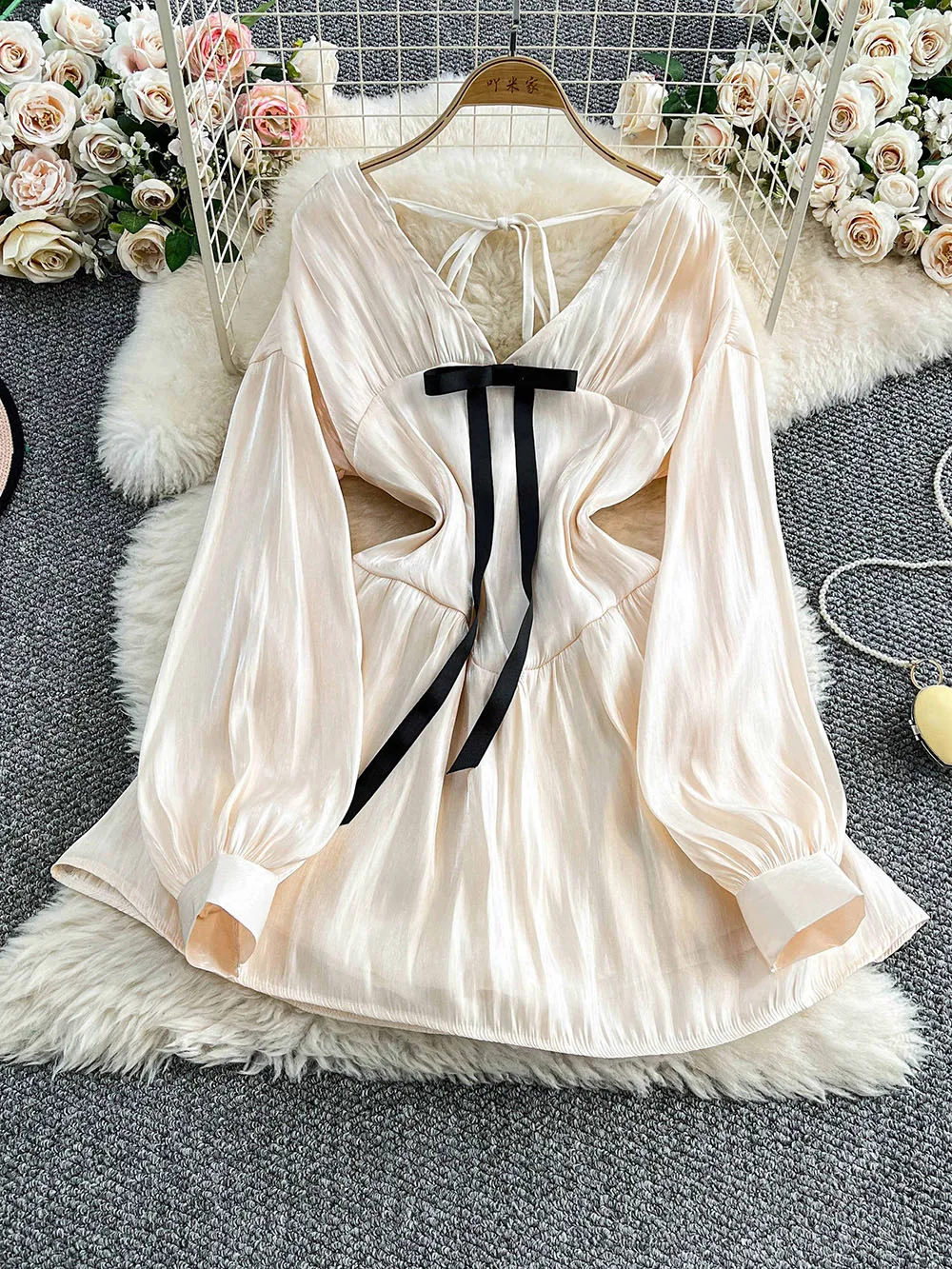 

Women's Lightweight Lace Up Dress 2025 New Spring Summer Elegant Lantern Long Sleeved Crepe Fabric Female A-line Dress