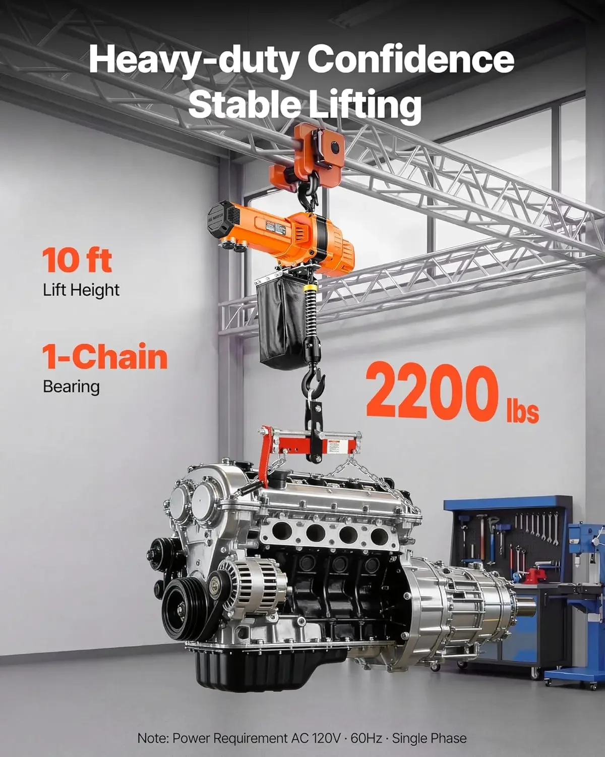 VEVOR 2200 lbs Electric Chain Hoist, 10 ft Lifting Height, 120V Single Phase Overhead Crane with 10 ft Wired Remote Control, G10