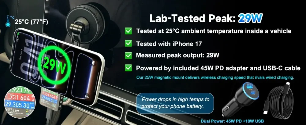 Auto Qi2 25W Magnetisches Kabelloses Ladegerät mit 63W Auto-Ladegerät und Vakuum-Handyhalterung für Magsafe iPhone 17 16 15 14 13 12 Schnelles Laden – Detail 5