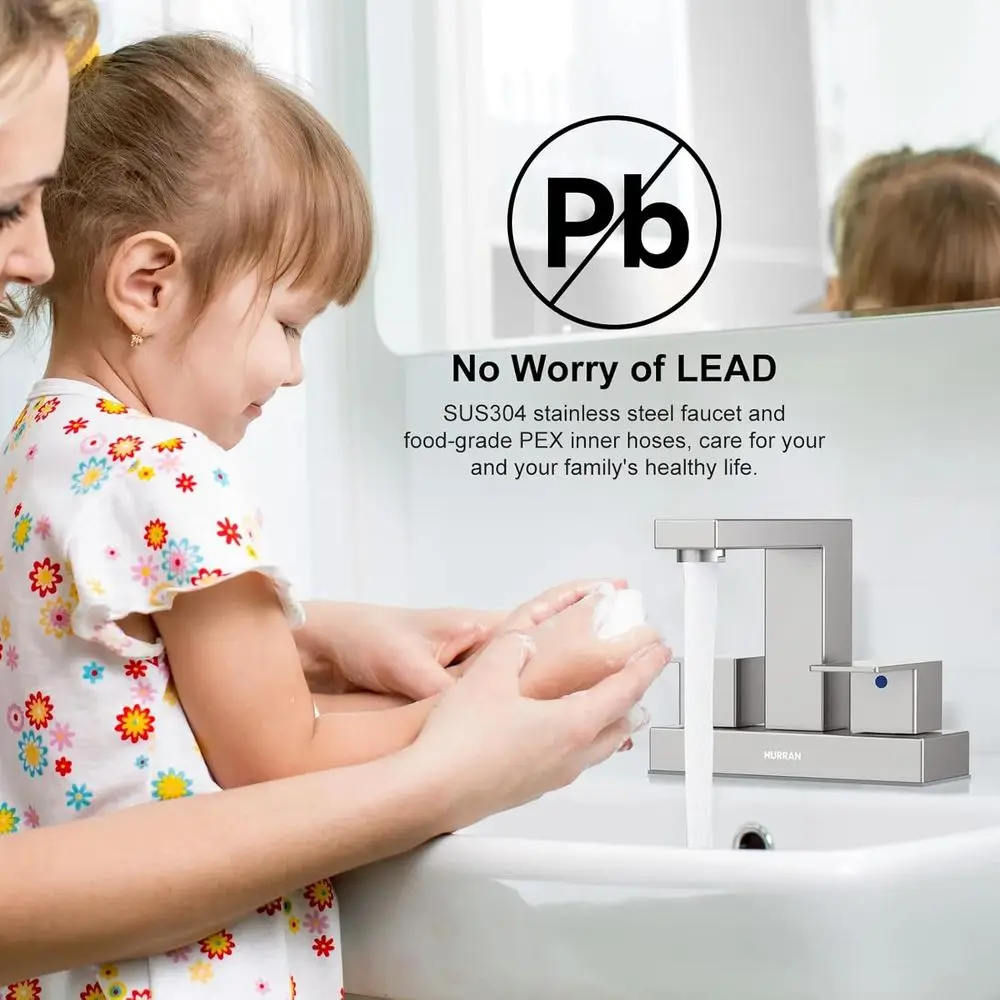 صنبور حوض من النيكل المصقول مقاس 4 بوصات مع خطوط تصريف وإمداد منبثقة، تركيبات زينة من الفولاذ المقاوم للصدأ بمقبضين، عبوتان #6