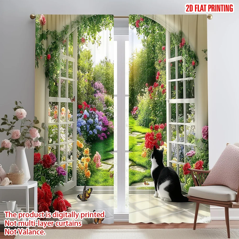 

2D flat printing 2pcs Curtains Spring Garden View Digital Printed Polyester Drapes Family Party Use for Booths Studio decoration