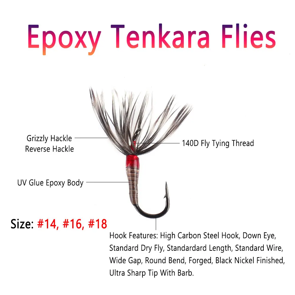 Bimoo 10PCS #14 #16 #18 Epoxy Tenkara Flies Parachute Grizzly Hackle Dry Fly Kebari Trout Steelhead Grayling Fishing Bait Lures