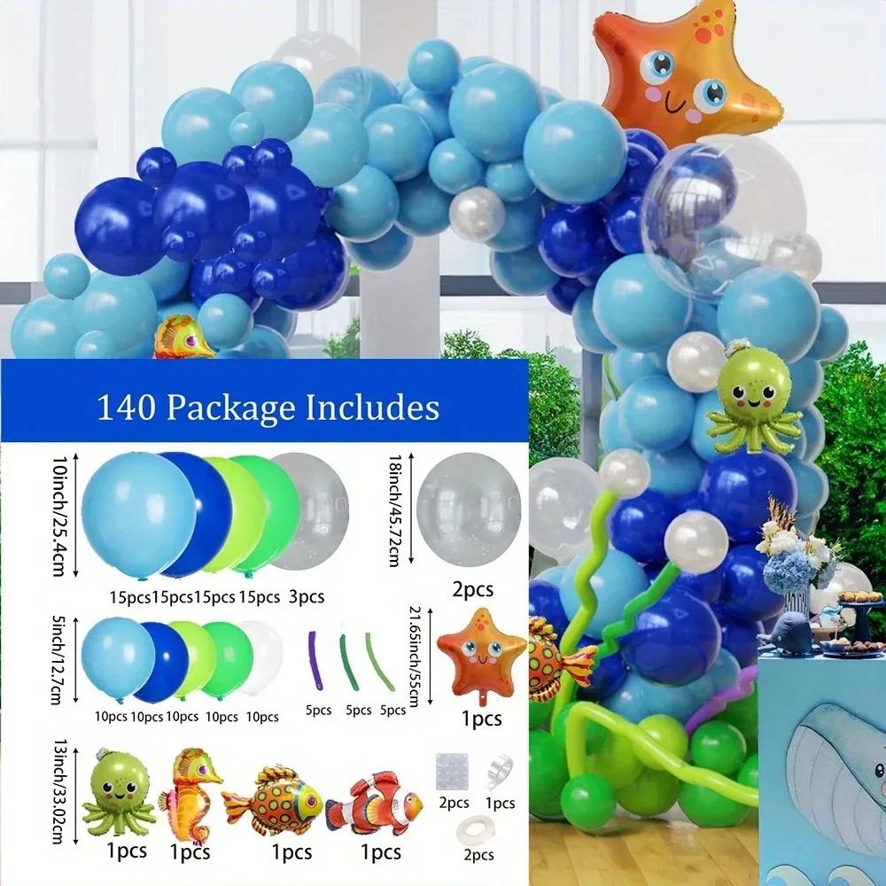 140PCS Ocean-Themed Balloon Garland Kit - Blue Sea Animal Party Decor for Summer & Birthday Celebrations, Indoor/Outdoor Use