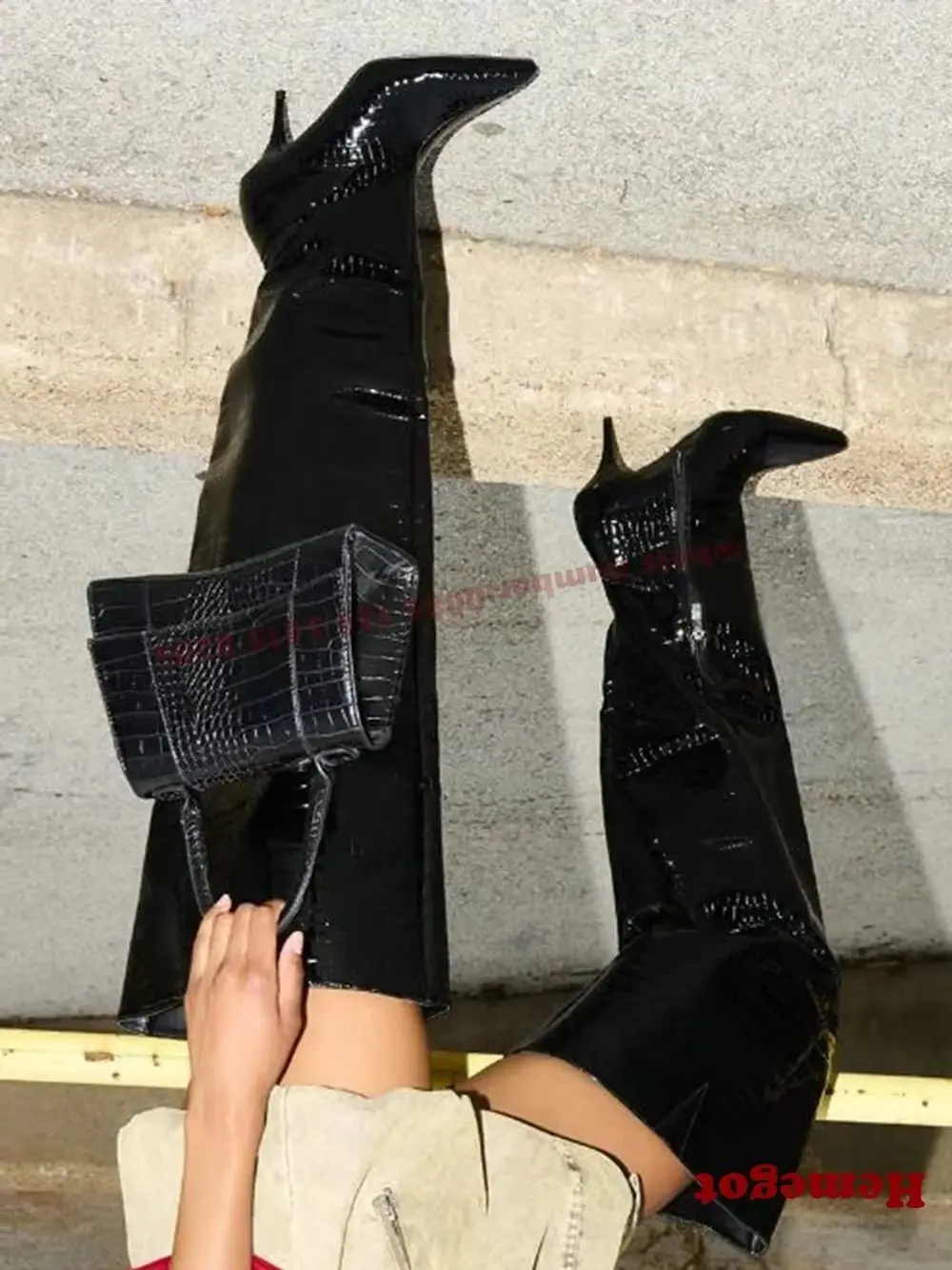 Pointy Toe Over The Knee Women's Boots Croc-Pattern Kitten Heels Long Boots 2026 New Luxury Black Side Zipper Winter Shoes Sexy