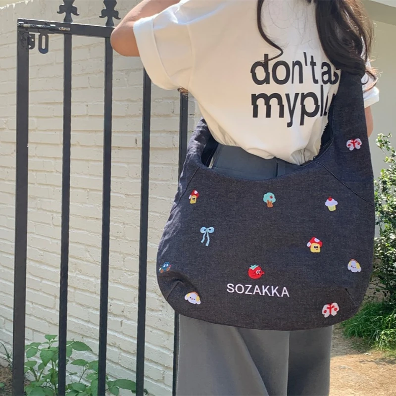 Youda New Denim Fabric Shoulder Bag Simple Fanshion Cartoon Embroidery Style Crossbody Large Casual Capacity Shopper Tote Bags