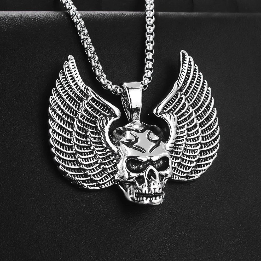 Hip Hop Vintage Wings Skull Pendant Necklace For Women Men Retro Silver Color Stainless Steel Box Chain Neck Rock Jewelry Gifts