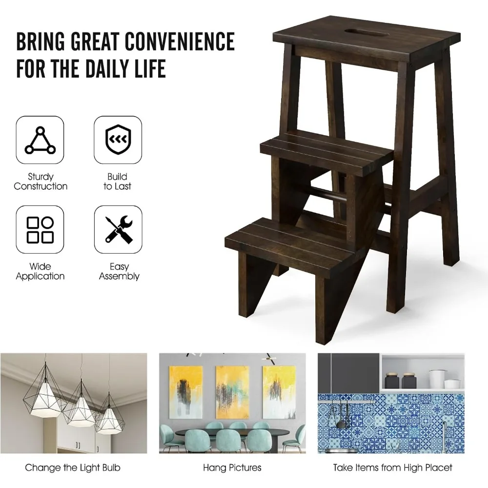 Multifunctional Wooden 3-Step Folding Ladder with Storage Shelf and Flower Rack