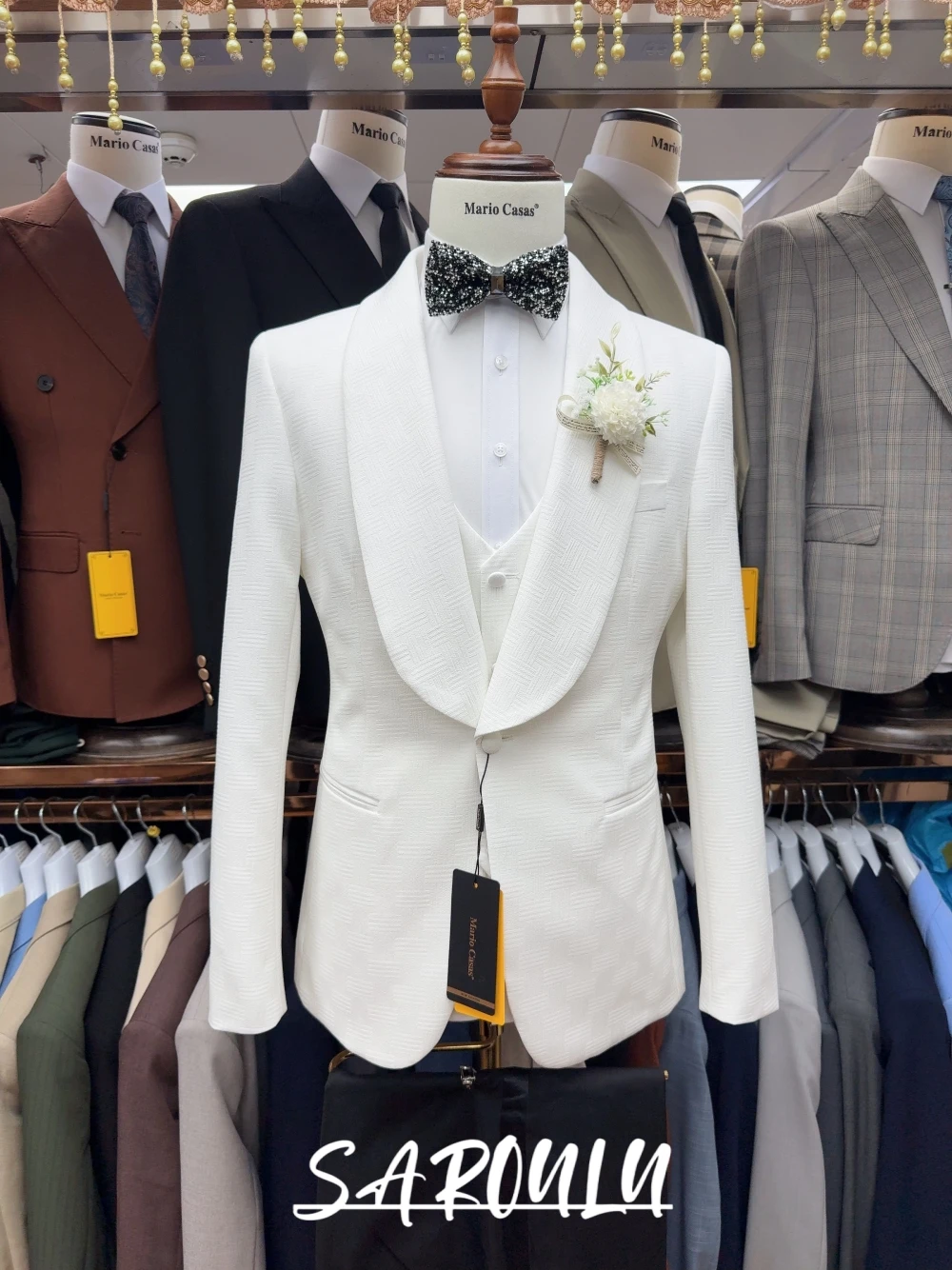Men's White Patterned Wedding Suit, Elegant Fully Jacquard Set, Formal Groom Tuxedo, Modern Shawl Lapel Jacket With Vest Pants