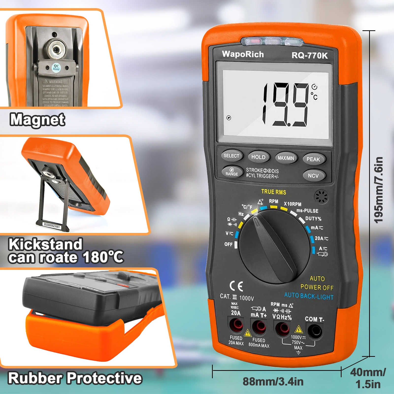 Automotive Multimeter Auto Ranging Duty Cycle Pulse Width RPM Tach Car Truck Engine Diagnostic Tool for Mechanic Repair