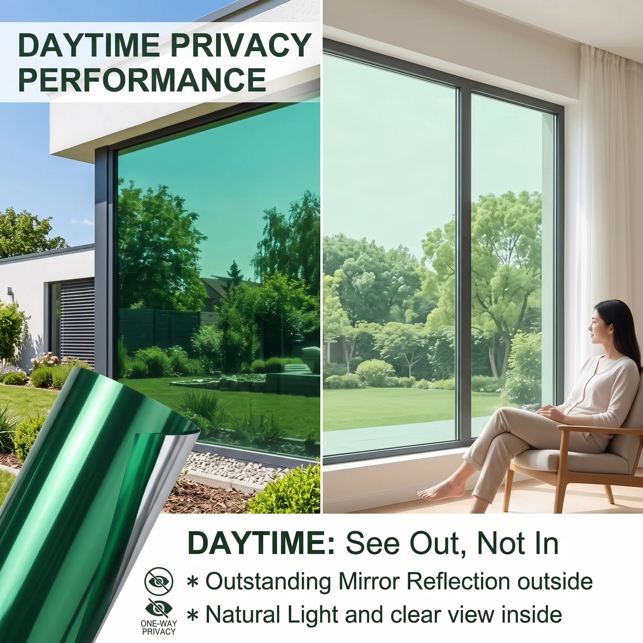 Green Silver Static Cling Window Film 90cm X 1/2/3/5m Daytime One-Way Privacy Tint Heat & UV Block Removable No Glue Applied