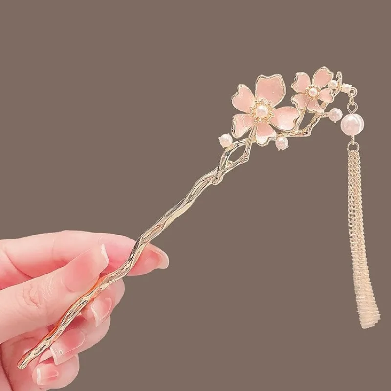 

Retro Pink Flower Hair Stick Pearl Fringe Metal Hairpin Chopstick For Han Costume Lady Chinese Cheongsam Decor Hair Bun Jewelry